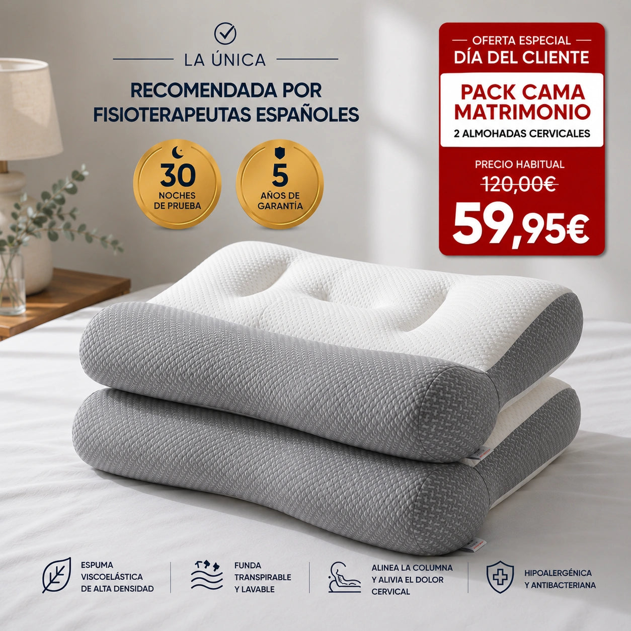 2 x ComfortSleep Original™ - La almohada viscoelástica con reborde frontal. (Incluye fundas Gratis). *(Descansaras mejor o te devolvemos cada euro).