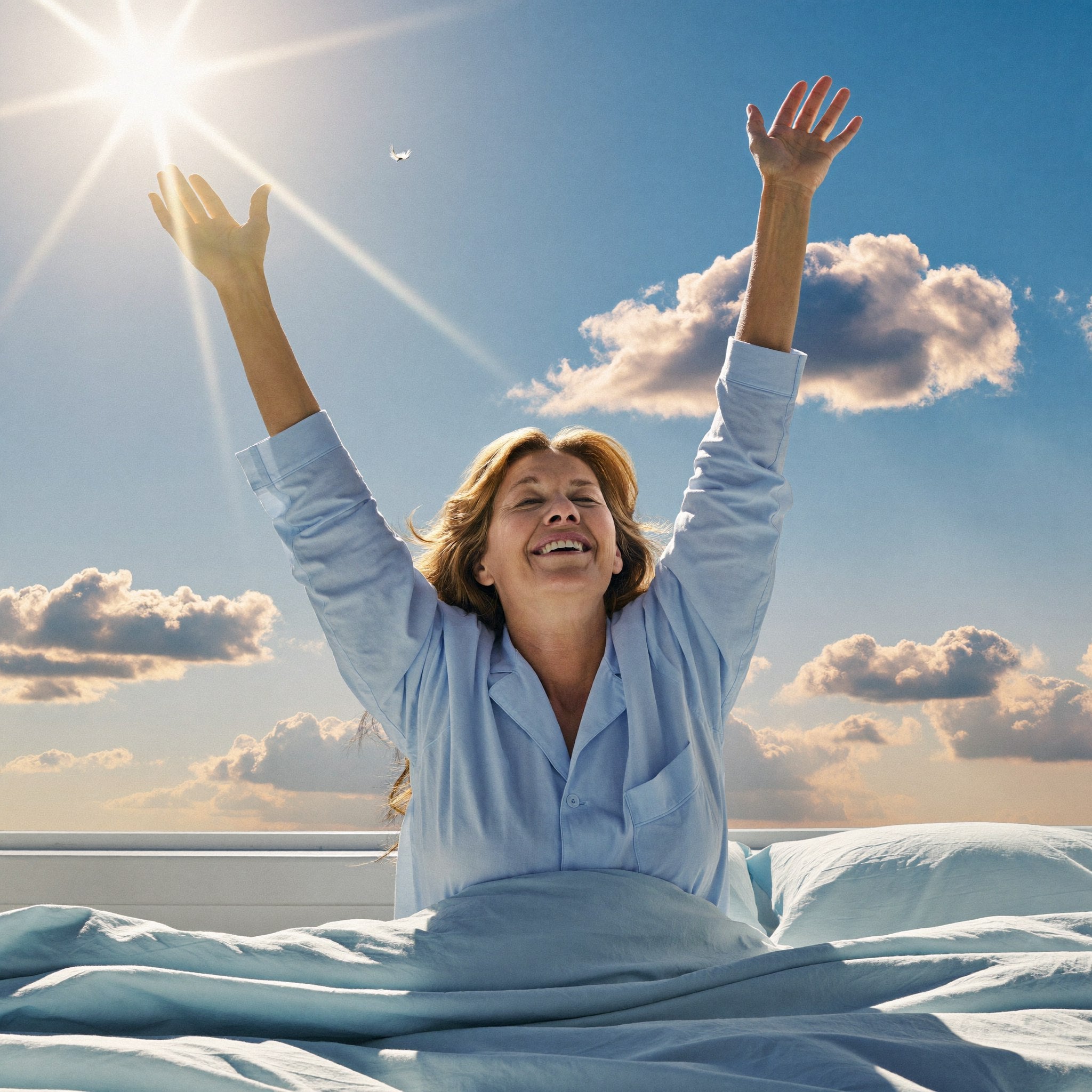 Mujer estirándose feliz al despertar