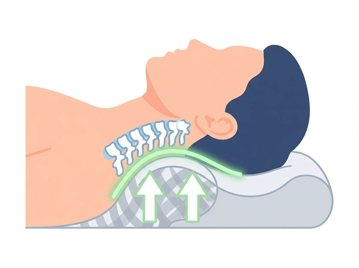Esquema del mecanismo: la ComfortSleep rellena el hueco bajo el cuello y mantiene las cervicales alineadas en posición neutra